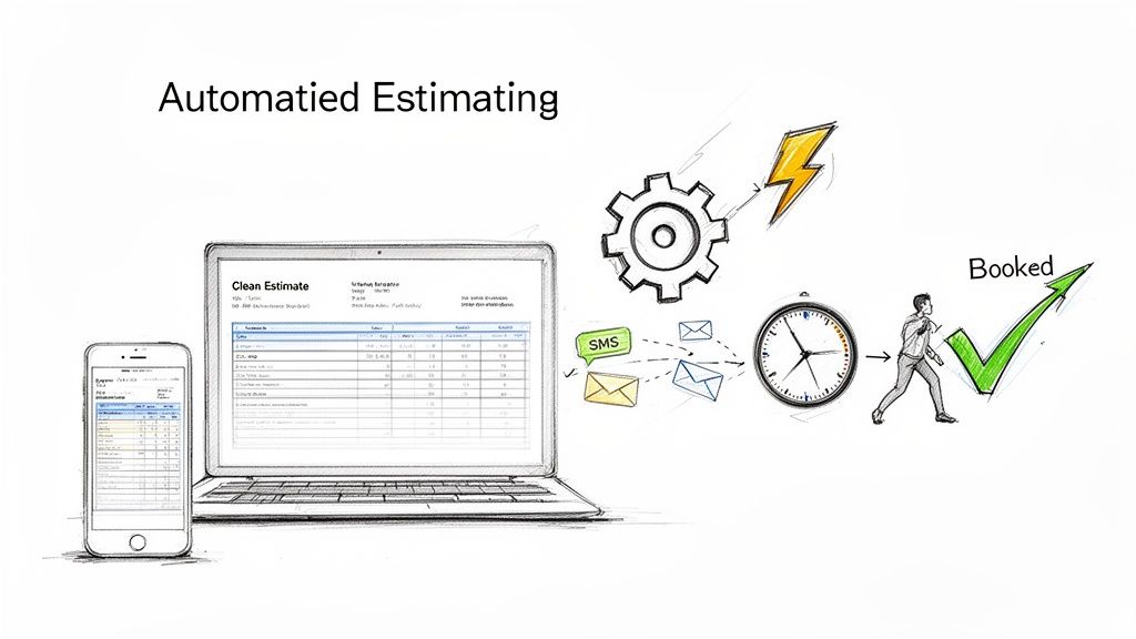 Visual process of automated estimating with laptop, phone, emails, and a successful booking.