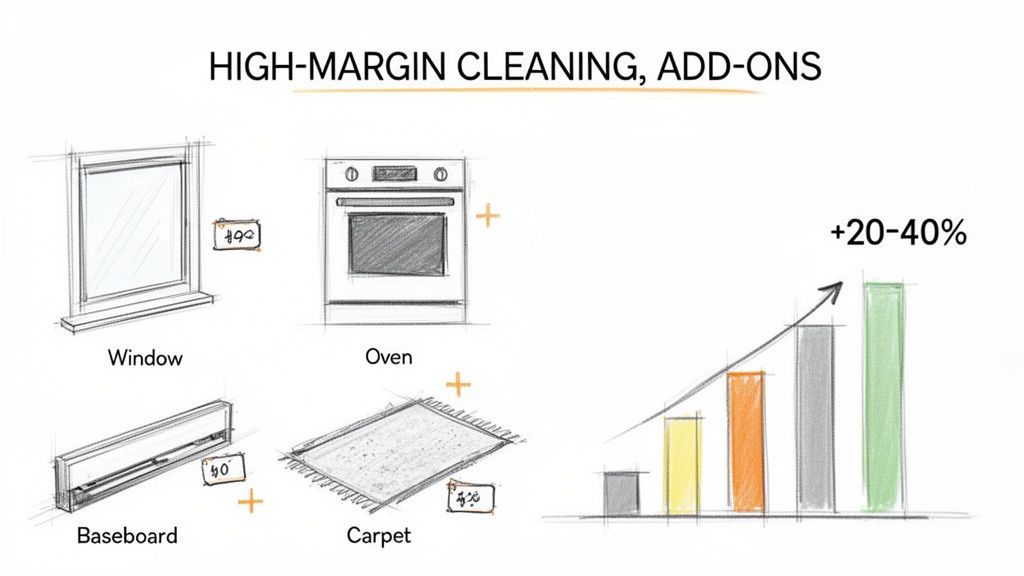 High-margin cleaning add-on services: window, oven, baseboard, and carpet, increasing revenue by 20-40%.