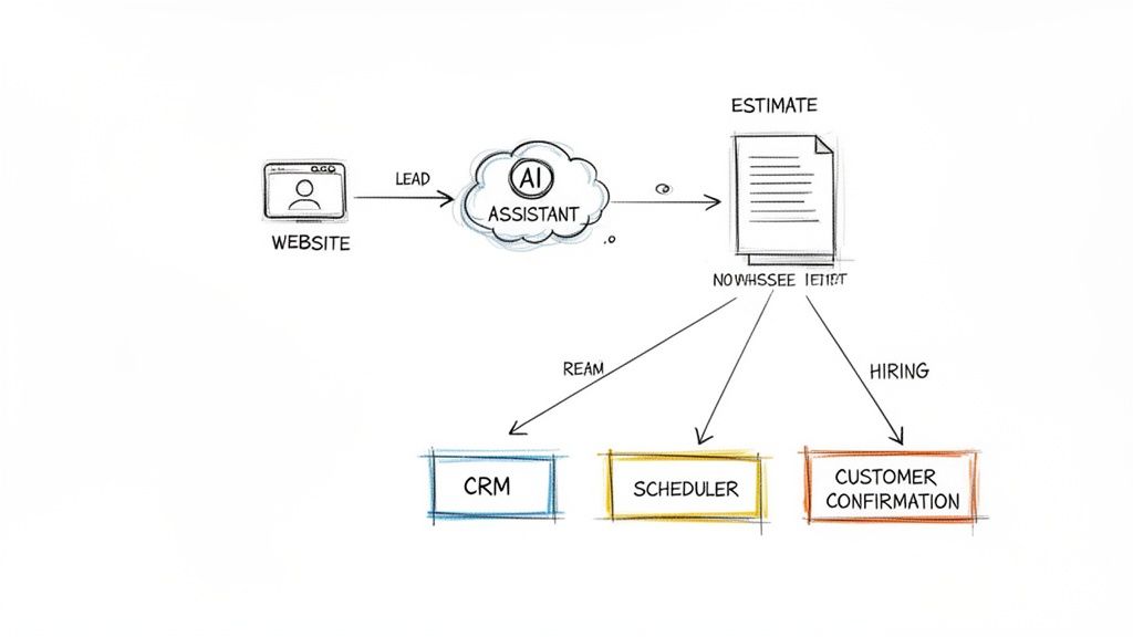 Flowchart illustrating an AI assistant processing website leads to generate estimates for CRM, scheduling, and customer confirmation.