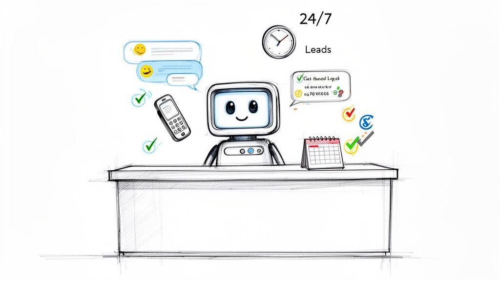 Friendly cartoon robot chatbot at a desk with phone, chat bubbles, 24/7 leads, and calendar.
