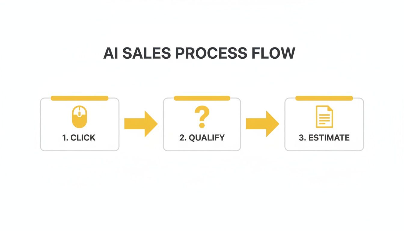 A clear flowchart illustrating an AI sales process with steps: click, qualify, and estimate.