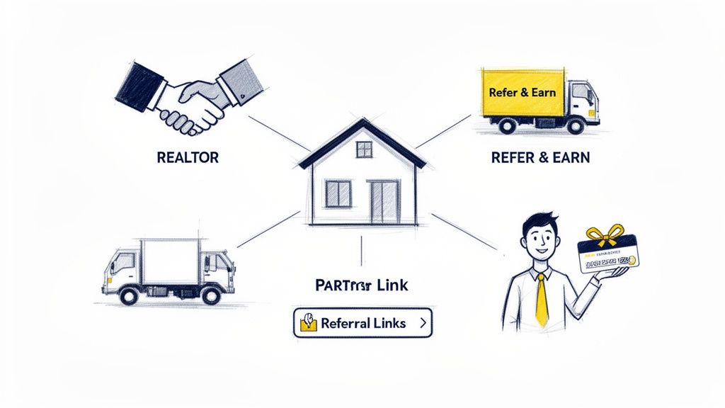 A diagram illustrates a house at the center, connected to a realtor, a referral program truck, a moving truck, and a person holding a gift card, with a 'Referral Links' button.
