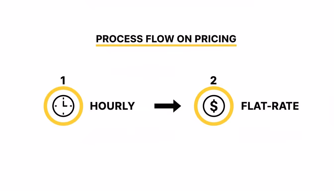 Process flow diagram illustrating pricing model options, moving from hourly rates to a flat-rate structure.