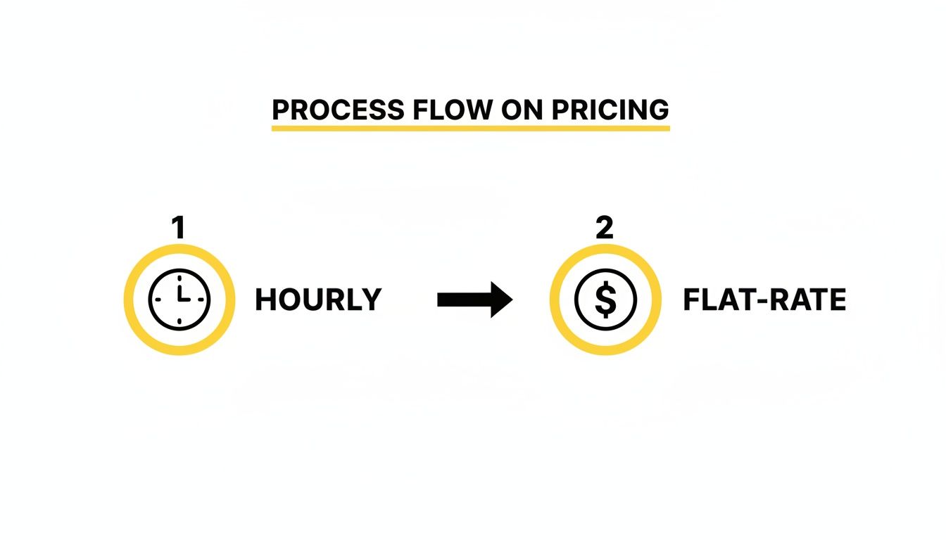 Process flow diagram illustrating pricing model options, moving from hourly rates to a flat-rate structure.