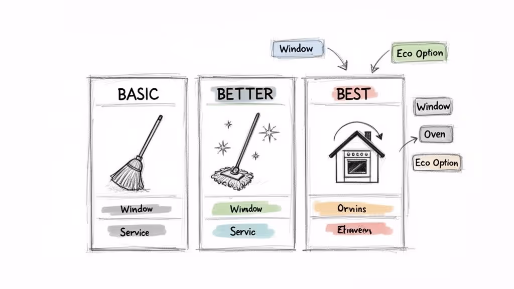 Three cleaning service packages (Basic, Better, Best) with optional add-ons for window, oven, and eco-friendly cleaning.