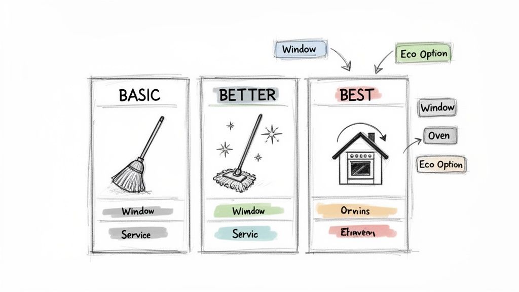 Three cleaning service packages (Basic, Better, Best) with optional add-ons for window, oven, and eco-friendly cleaning.