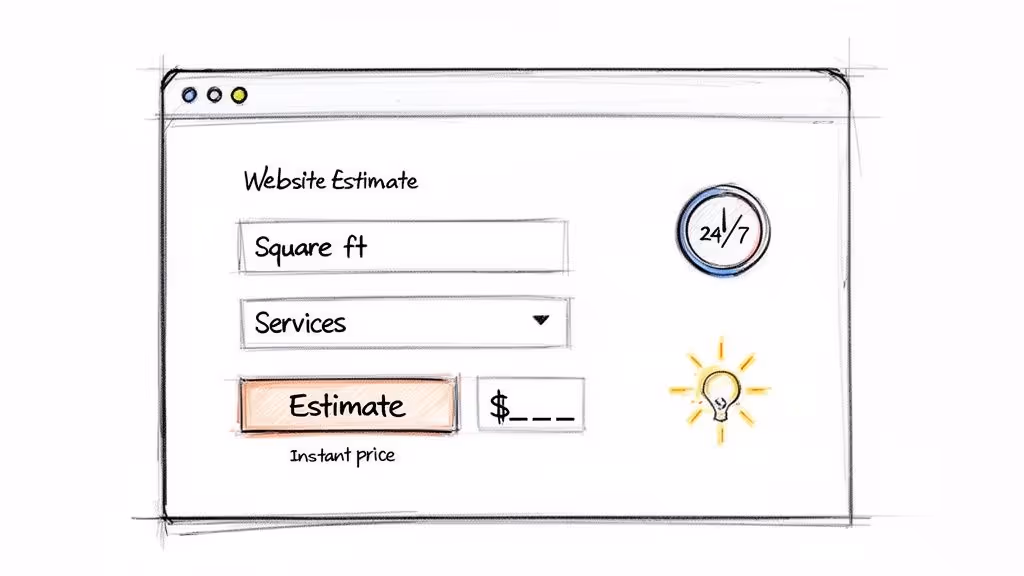 Hand-drawn sketch of a website estimate form showing inputs for square footage and services for instant pricing.