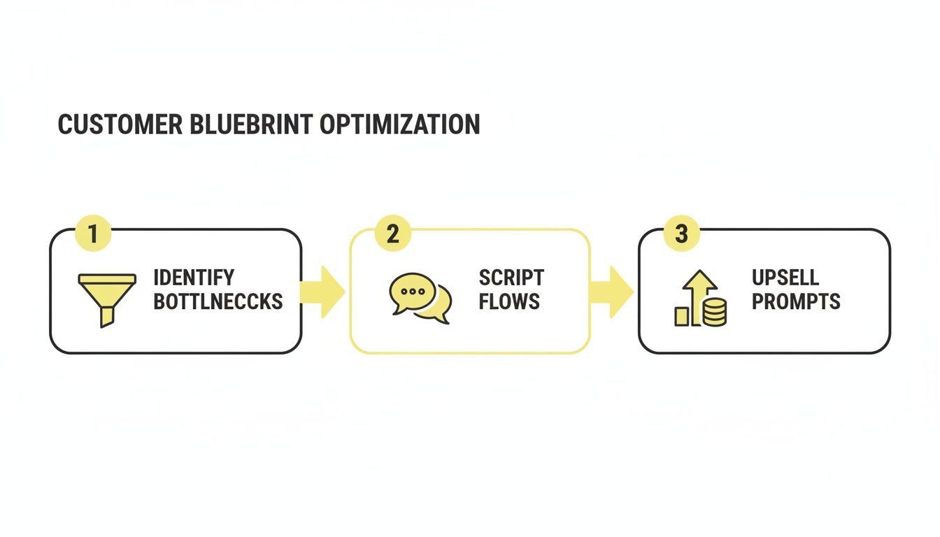 A diagram illustrating the three steps of customer blueprint optimization: identify bottlenecks, script flows, and upsell prompts.
