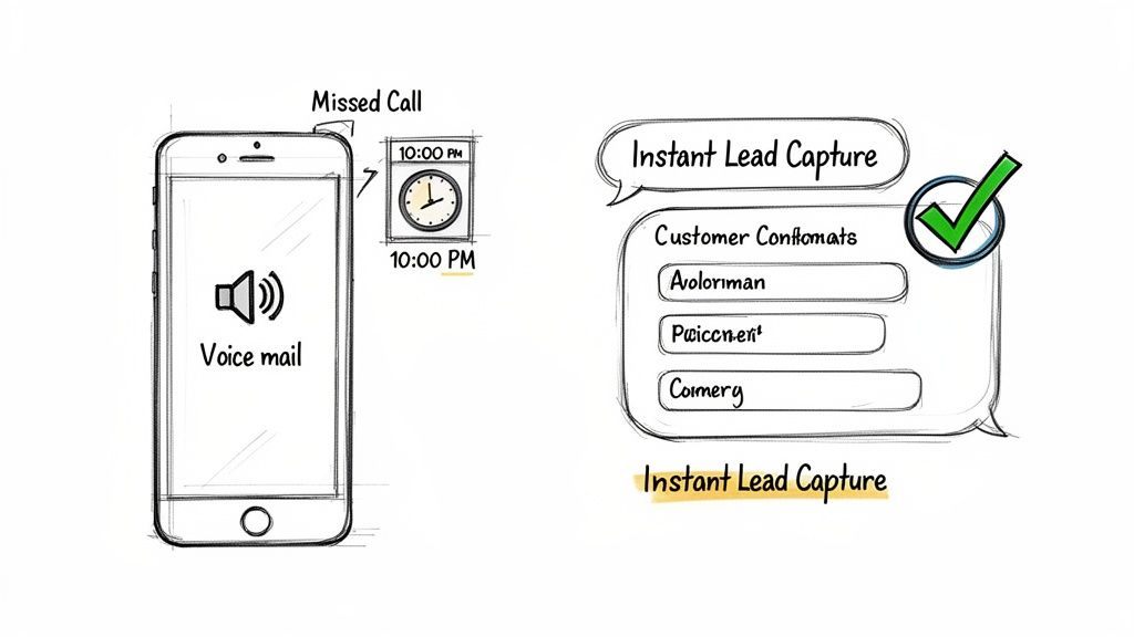 Diagram showing a missed call leading to voicemail and automated instant lead capture with customer contacts.