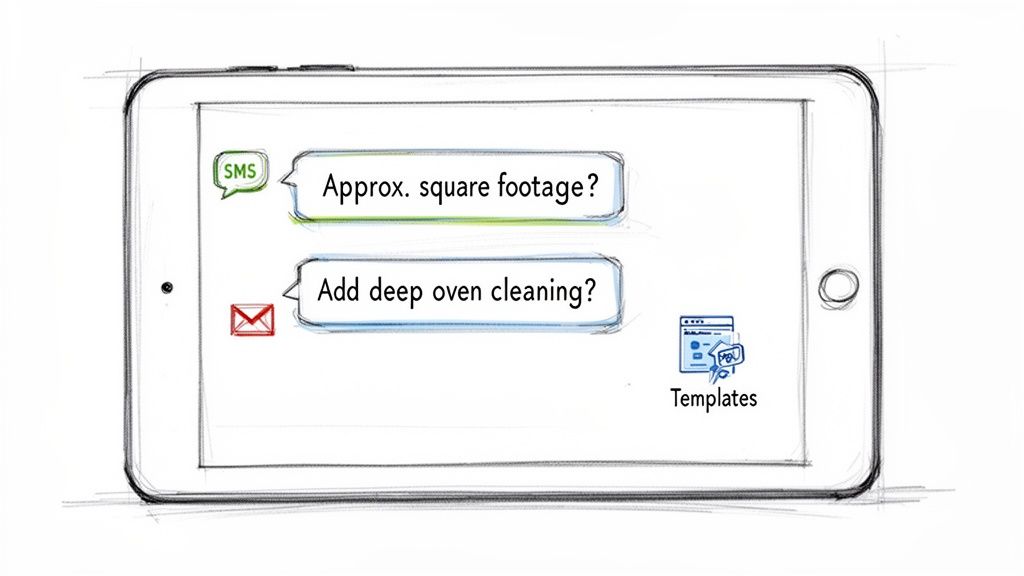 Sketch of a tablet showing customer service inquiries, including approximate square footage and deep oven cleaning, with communication icons.
