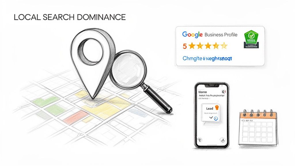 An illustration of local search dominance showing a map pin, magnifying glass, Google Business Profile, and lead management tools.