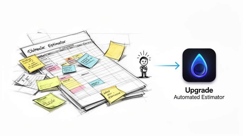 Frustrated person watching a messy manual estimator transform into a modern automated app.