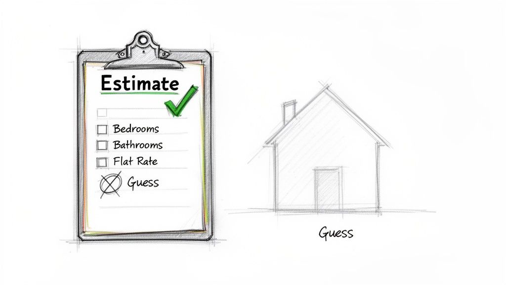 A sketch contrasting a detailed "Estimate" checklist with a simple house labeled "Guess".