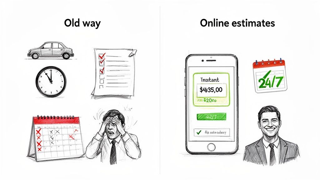 A visual comparison showing the laborious 'old way' of estimates versus convenient 'online estimates' via a smartphone.
