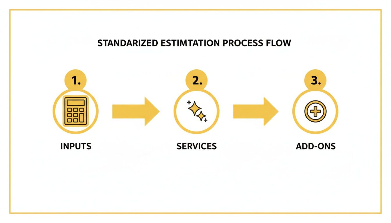 A flow chart illustrating a standardized estimation process with three steps: Inputs, Services, and Add-ons.