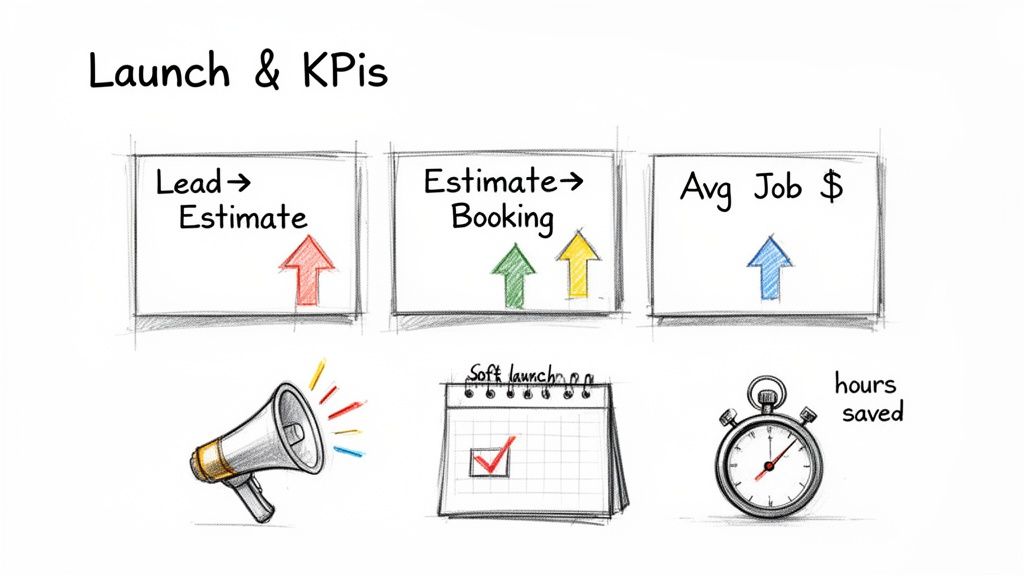 A whiteboard sketch illustrating launch and KPIs, showing improved lead conversion, booking rates, average job value, and hours saved.