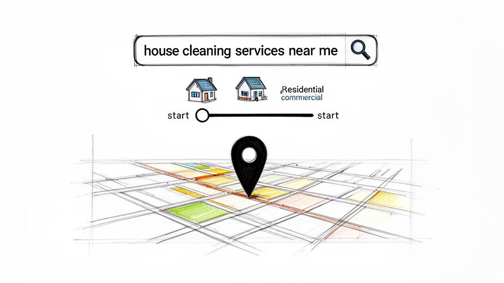 Visualizing a search for house cleaning services nearby, with residential and commercial options on a map.