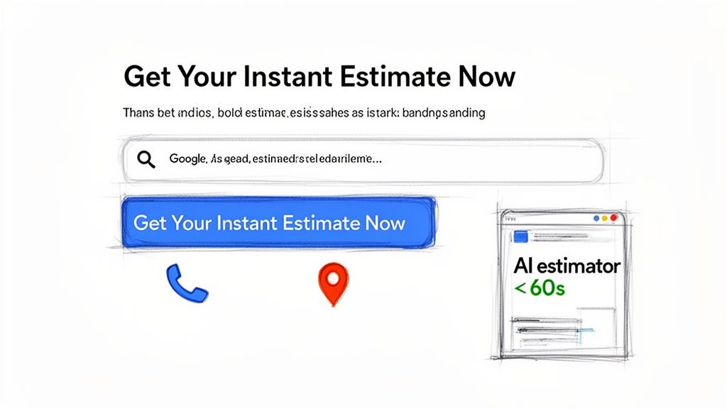 Sketch of a webpage for instant estimates with a search bar, button, and AI estimator interface.