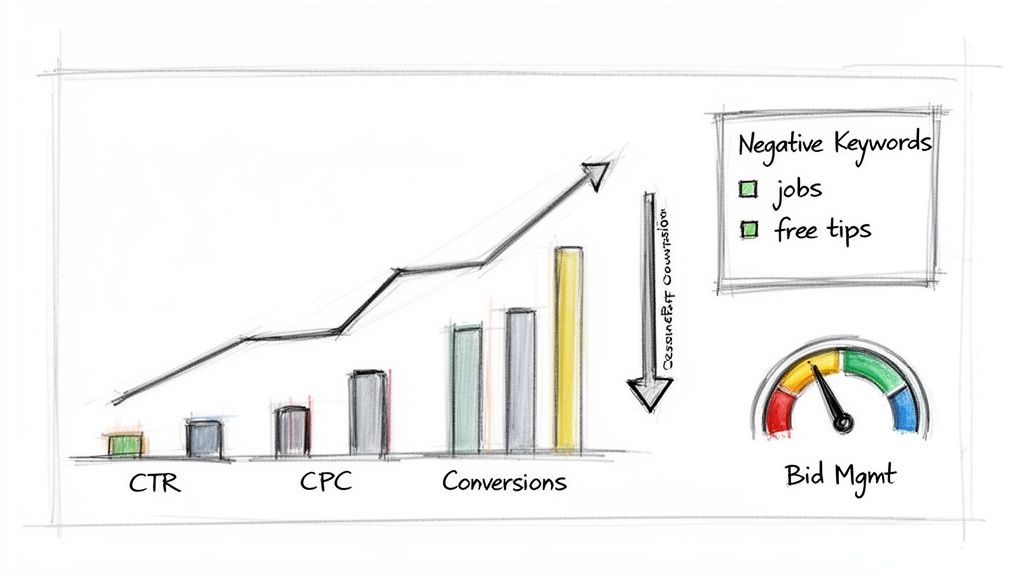 Hand-drawn sketch illustrating increasing CTR, CPC, and conversions, with negative keywords and bid management.