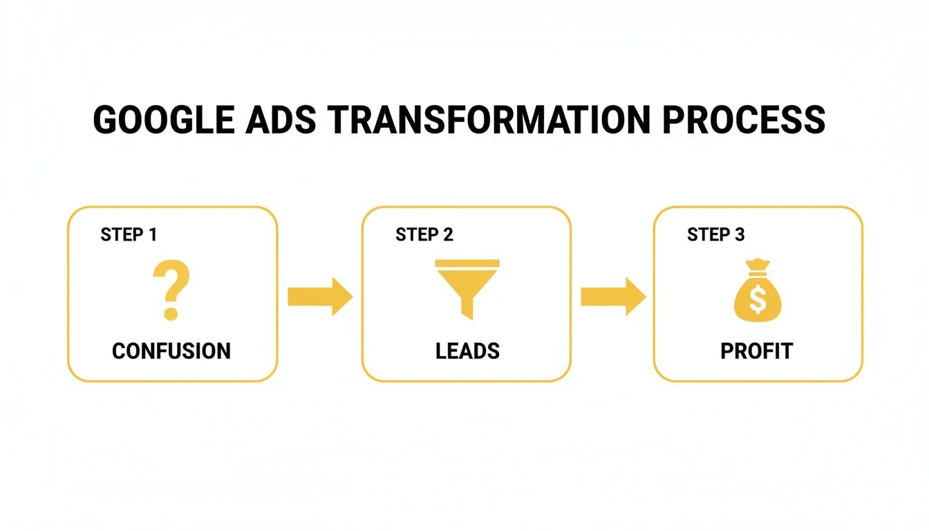 Infographic illustrating the Google Ads transformation process from initial confusion to generating leads and ultimately profit.