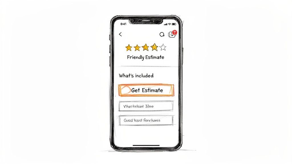 A sketch of a smartphone app displaying a 'Friendly Estimate' screen with a 4-star rating and a highlighted 'Get Estimate' button.