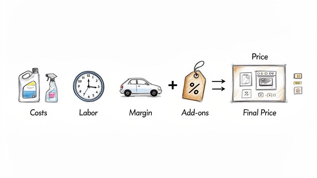 A visual diagram showing a pricing model: Costs, Labor, Margin, and Add-ons combine to form the Final Price.