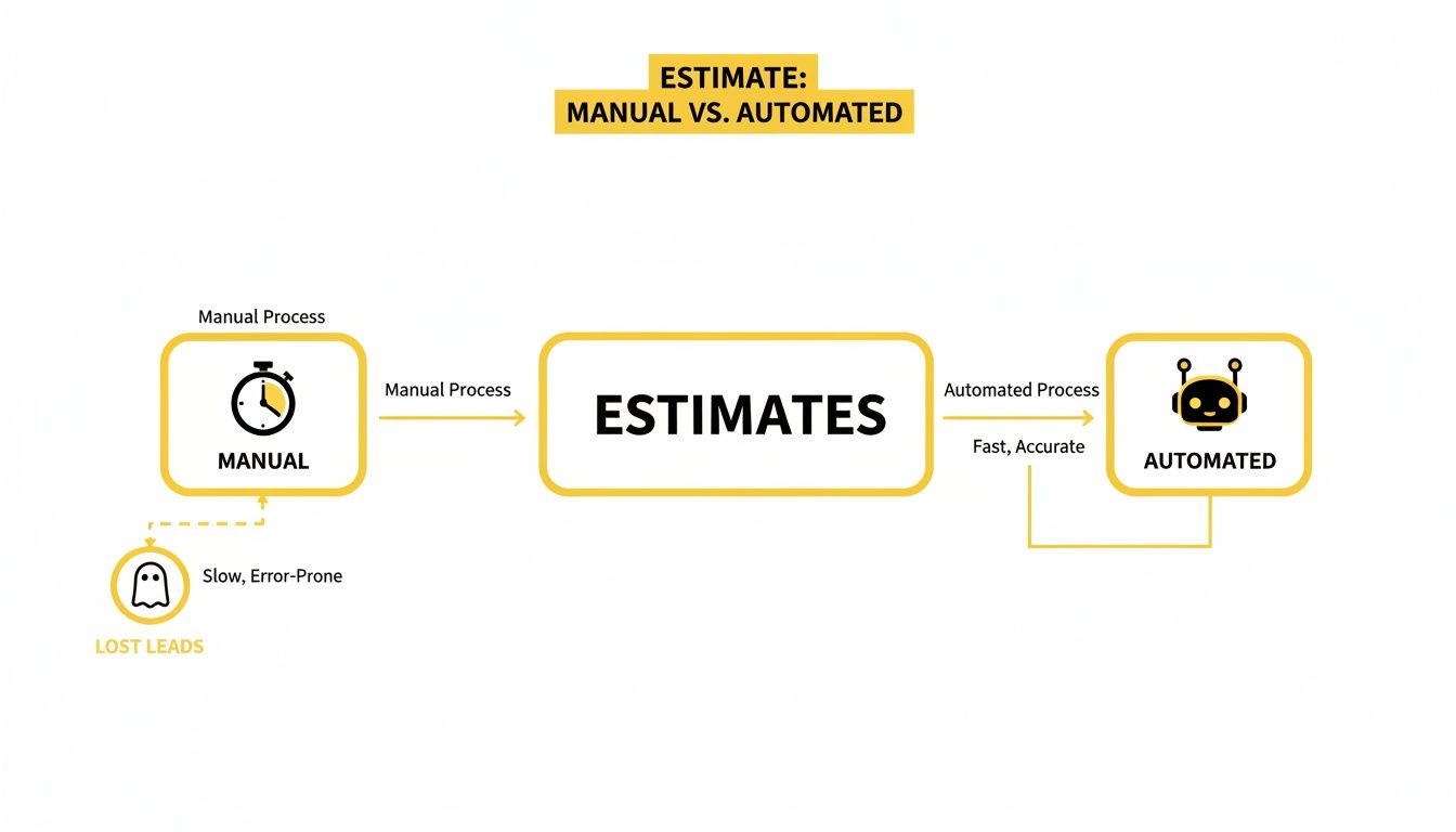 Flowchart illustrating manual and automated estimate processes, emphasizing automation for fast and accurate results.