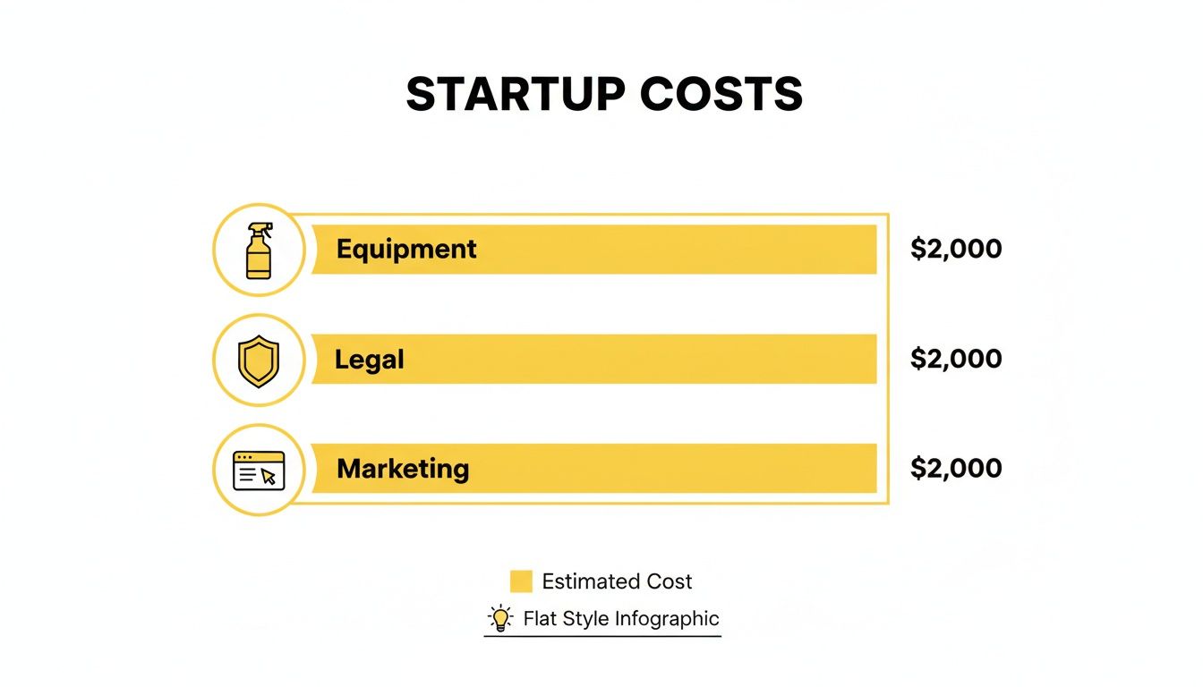 Infographic showing startup costs with $2,000 each for equipment, legal, and marketing expenses.