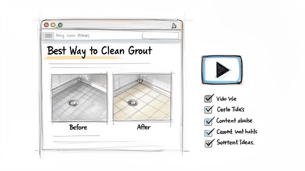 Website displaying before and after images of clean grout, with a video player and checklist.