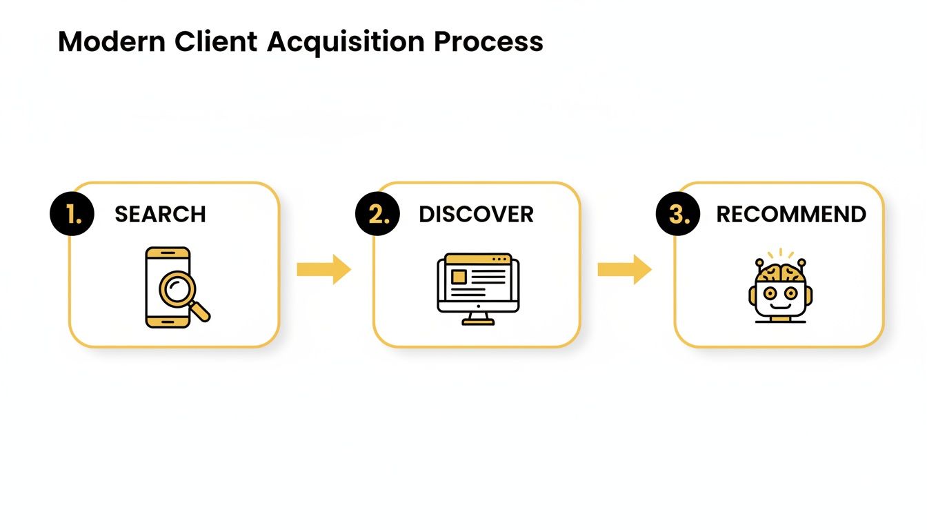 Infographic showing the modern client acquisition process with three steps: search, discover, and recommend.