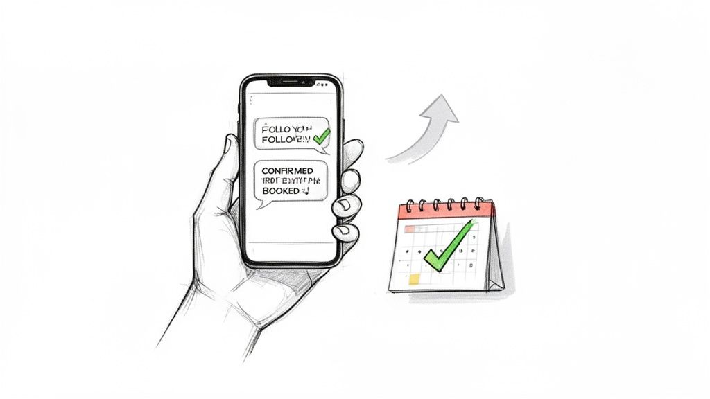 Hand holding a smartphone showing confirmed booking message, with a calendar and checkmark.