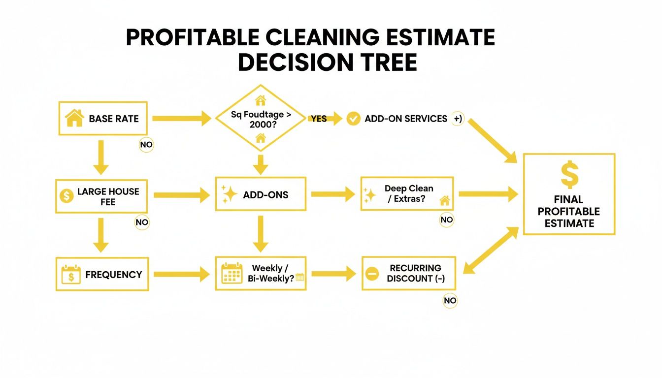 A flowchart detailing a profitable cleaning estimate decision tree with steps like base rate and add-ons.