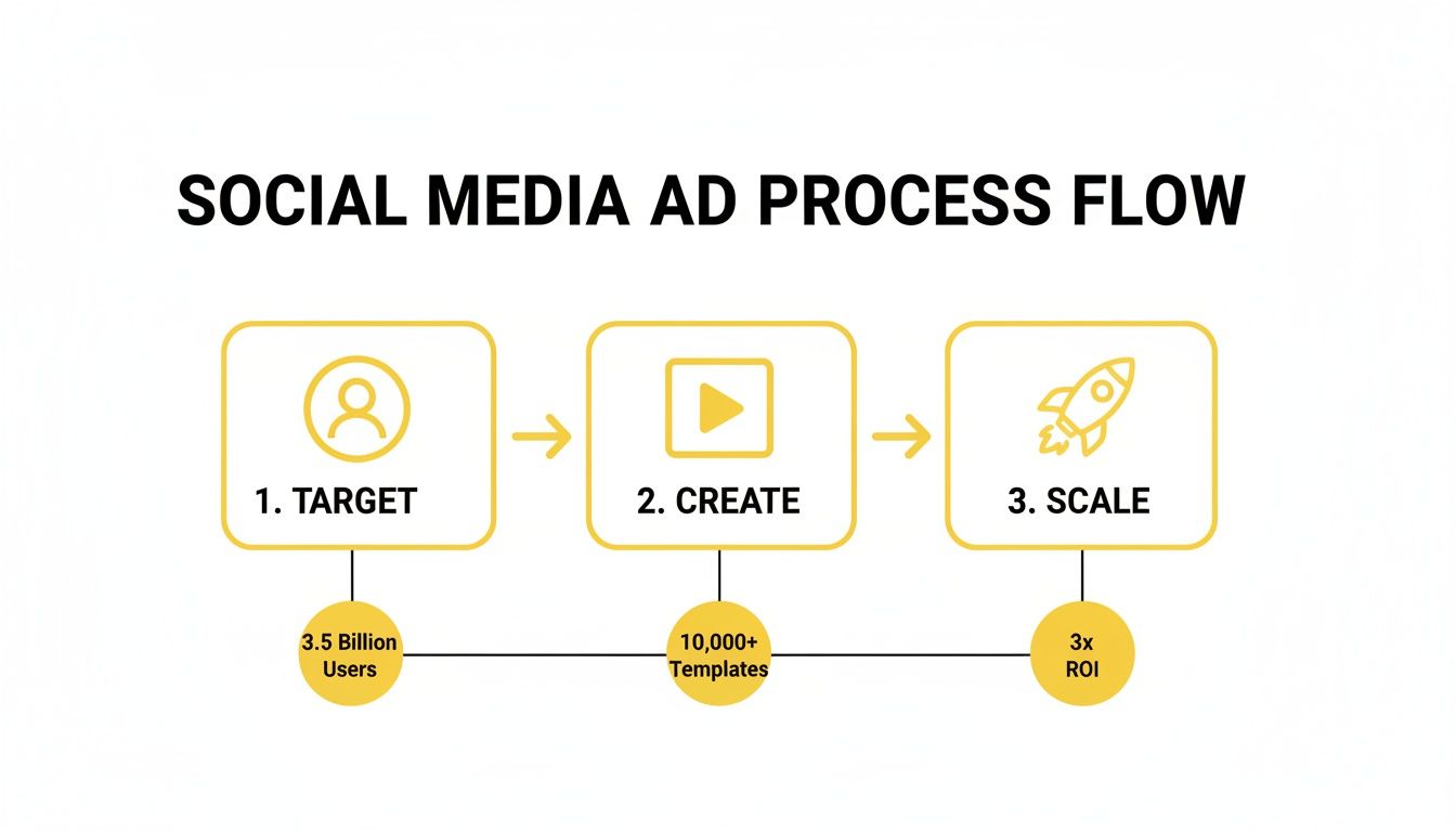 A social media ad process flow with steps: Target (3.5 Billion Users), Create (10,000+ Templates), and Scale (3x ROI).