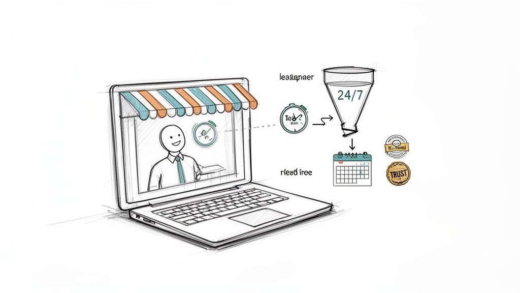 A sketch illustrating a laptop with an online store, a lead generation funnel, and calendar.