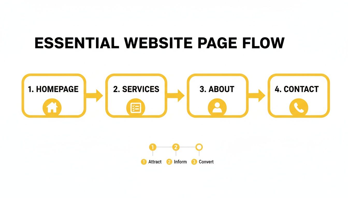 Flowchart showing essential website page structure: Homepage, Services, About, and Contact, for attracting, informing, and converting.
