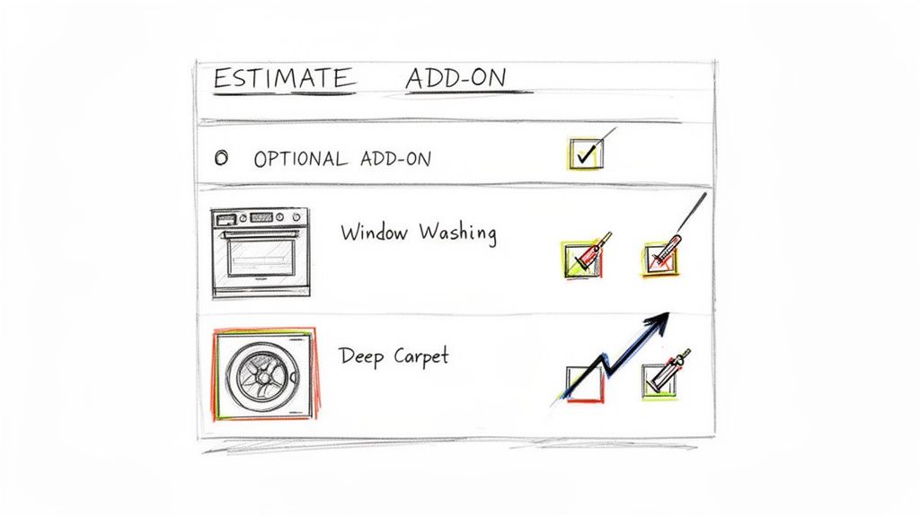 A hand-drawn sketch showing a cleaning service estimate with optional add-ons like window washing and deep carpet.