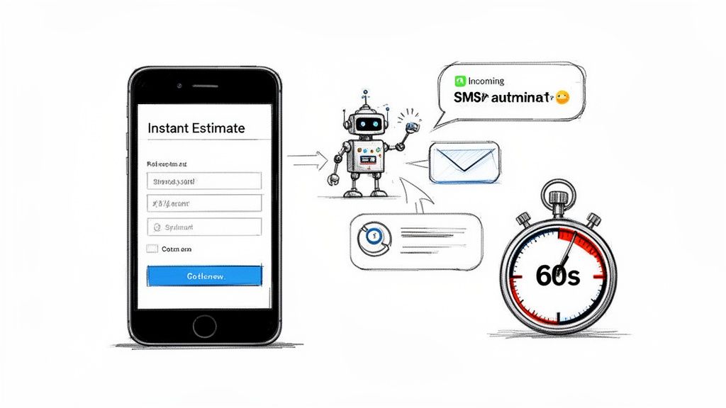 A hand-drawn image depicting an instant estimate form on a phone, a robot processing SMS, and a 60-second stopwatch.