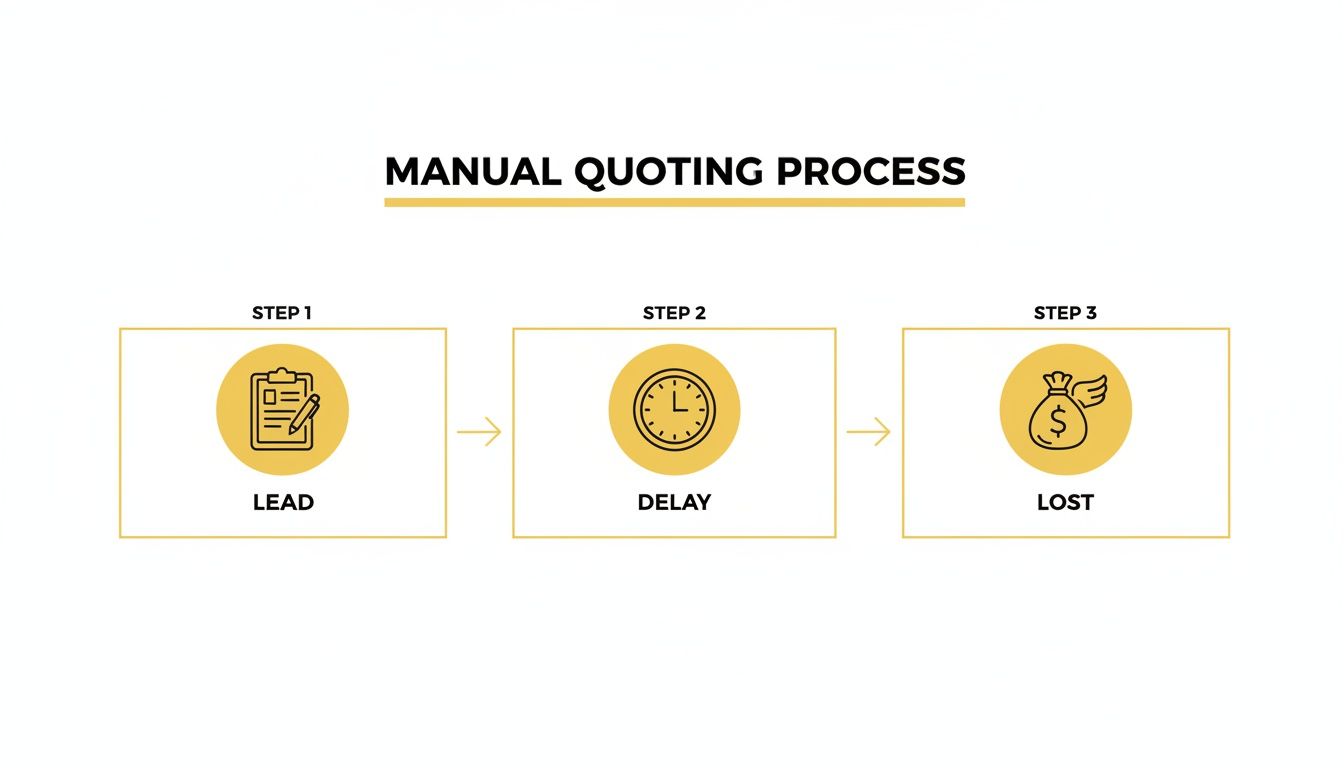 A flowchart illustrating the manual quoting process: lead generation, processing delay, and potential lost deals.