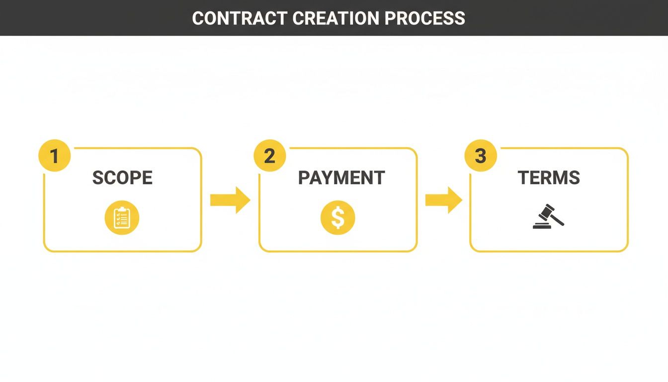 A three-step contract creation process flowchart showing Scope, Payment, and Terms with icons.