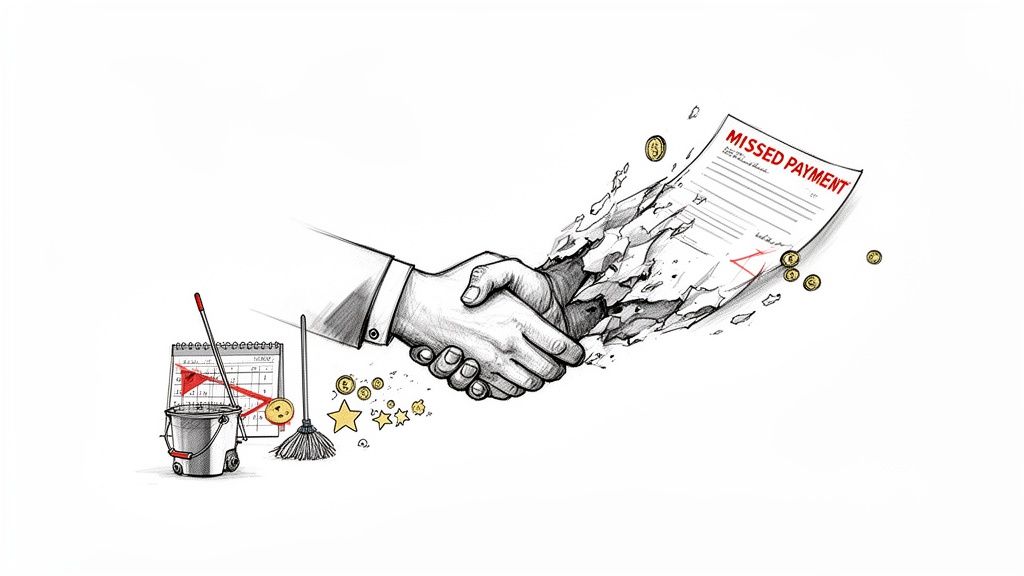 Handshake dissolving into a 'MISSED PAYMENT' document, with cleaning supplies and calendar errors, symbolizing financial issues.