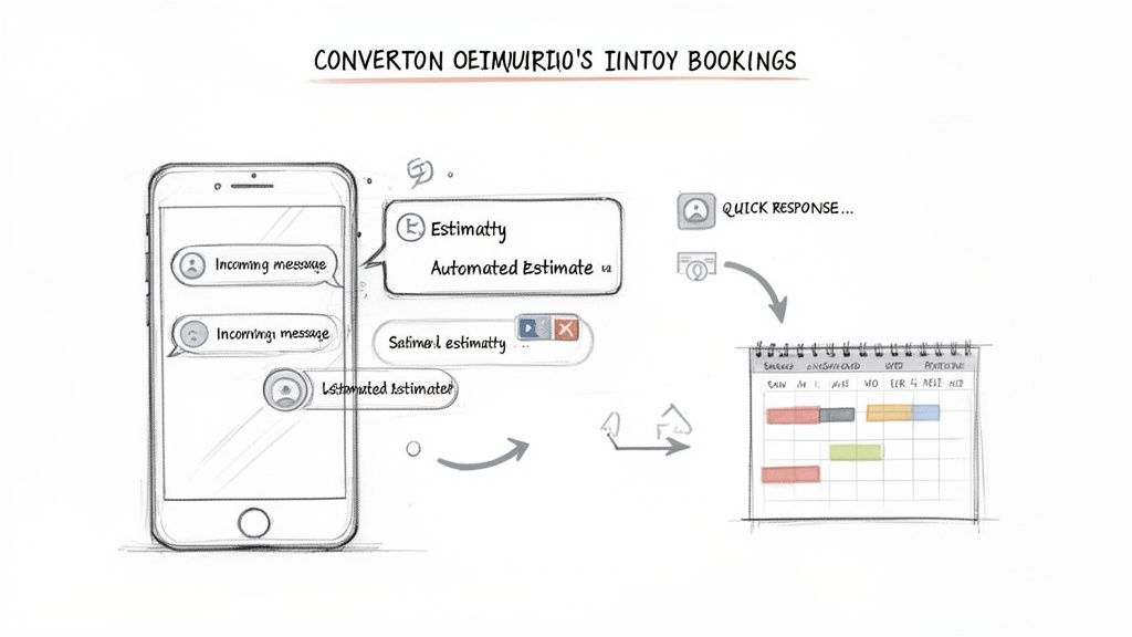 Sketch illustrating a mobile app's automated estimate and booking features, with messages and a calendar.