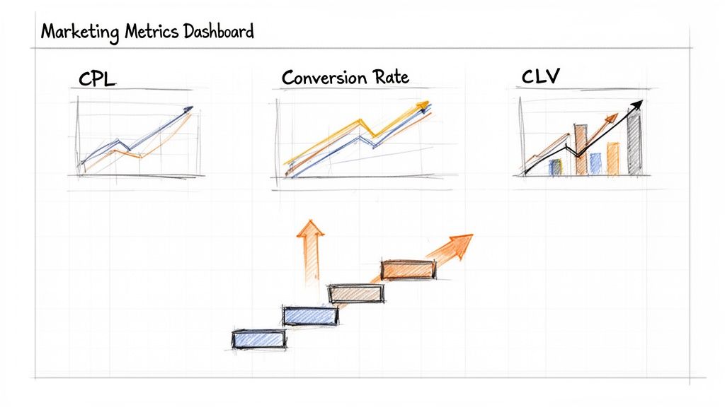 Hand-drawn marketing metrics dashboard showing growth in CPL, Conversion Rate, and CLV with a staircase illustration.