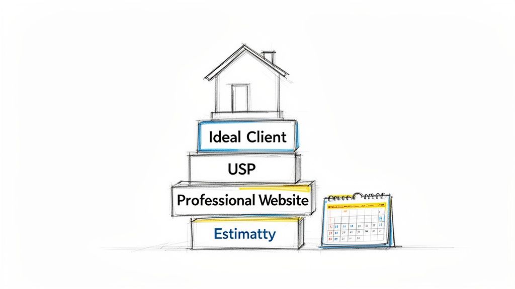 Diagram of a business foundation showing blocks: Estimatty, Professional Website, USP, Ideal Client, under a house, with a calendar.