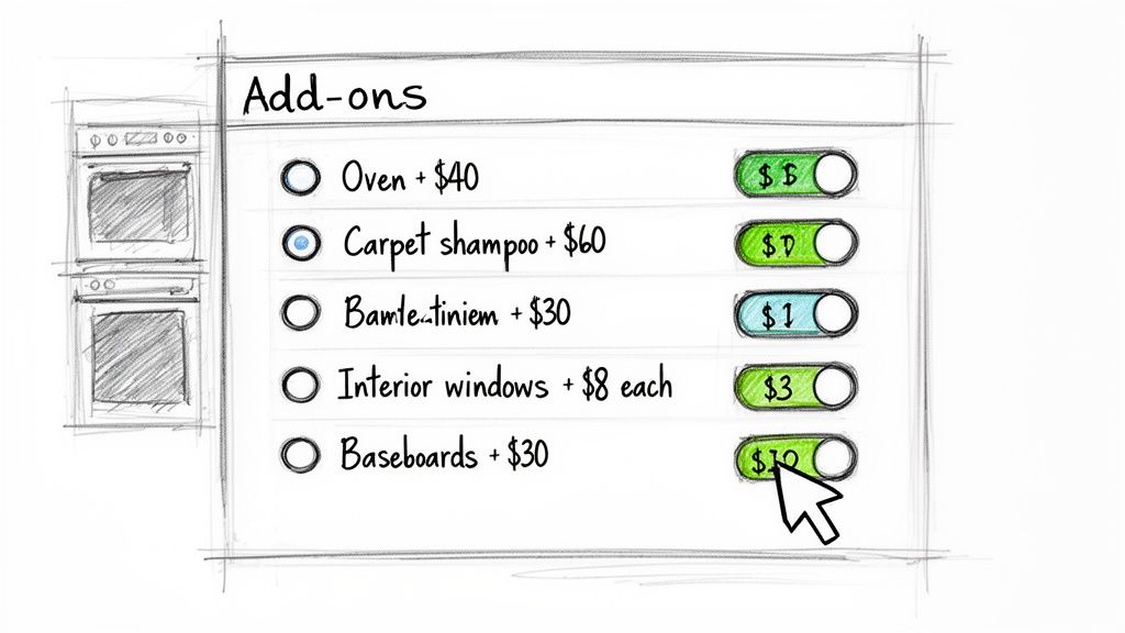 A sketched add-ons menu featuring cleaning services, prices, and interactive toggle switches.