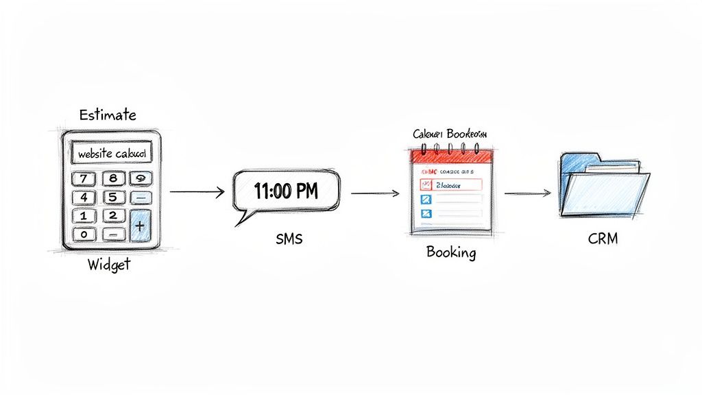 A diagram illustrating the process from website estimate to booking and CRM integration.