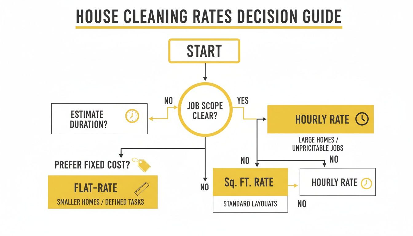 A decision guide flowchart illustrating different house cleaning rates based on job scope and preferences.