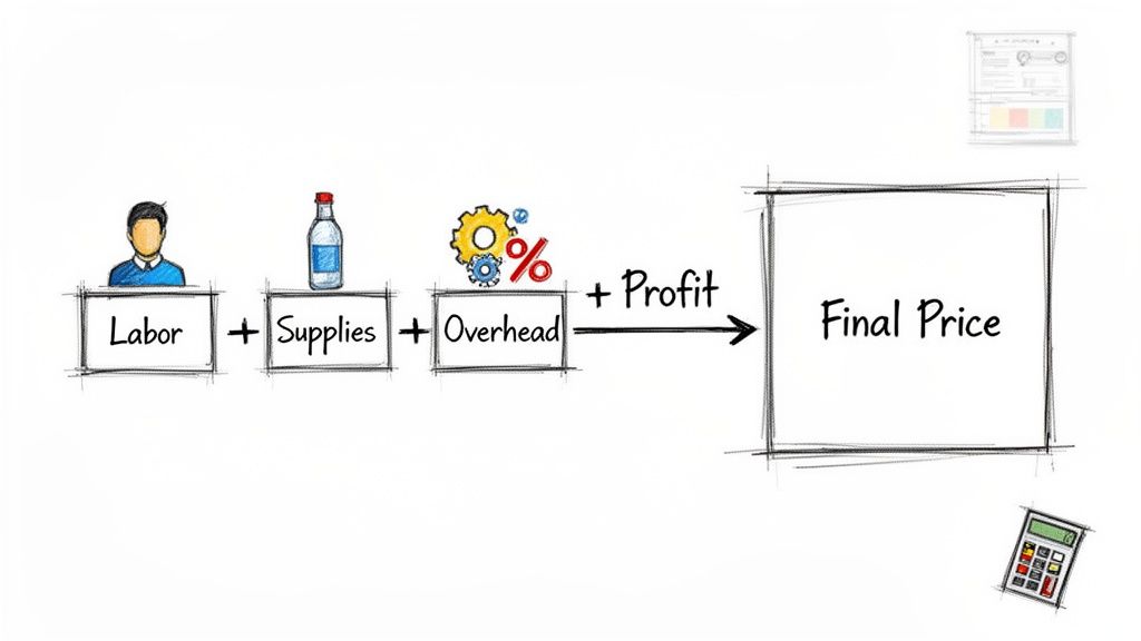 A visual formula showing Labor + Supplies + Overhead + Profit equals the Final Price.
