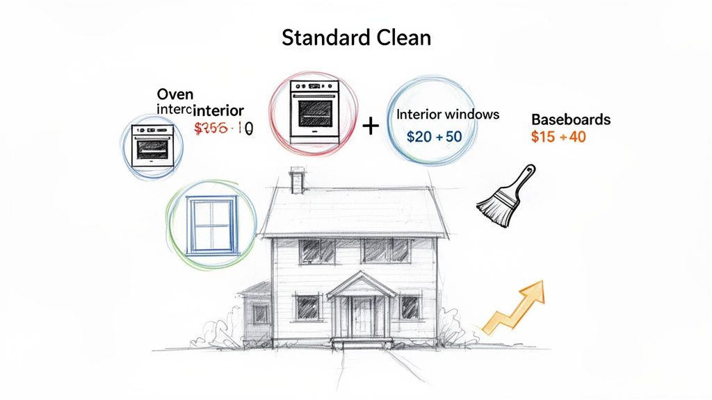 Visual representation of Standard Clean service with optional add-ons like oven interior, interior windows, and baseboards, showing their respective costs.