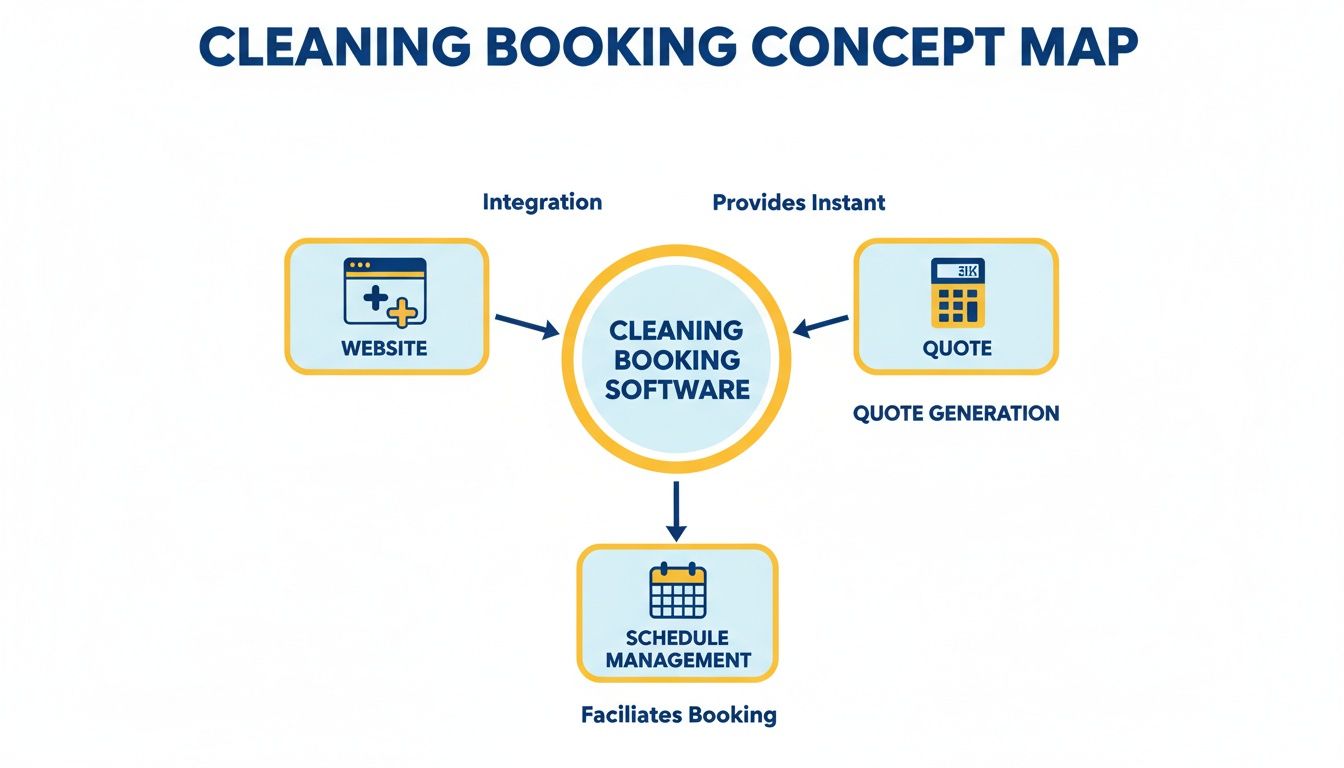 A concept map showing cleaning booking software integrating with a website, providing instant quotes, and managing schedules.