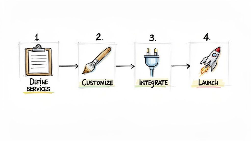 A visual four-step process flow with icons: Define services, customize, integrate, and launch.